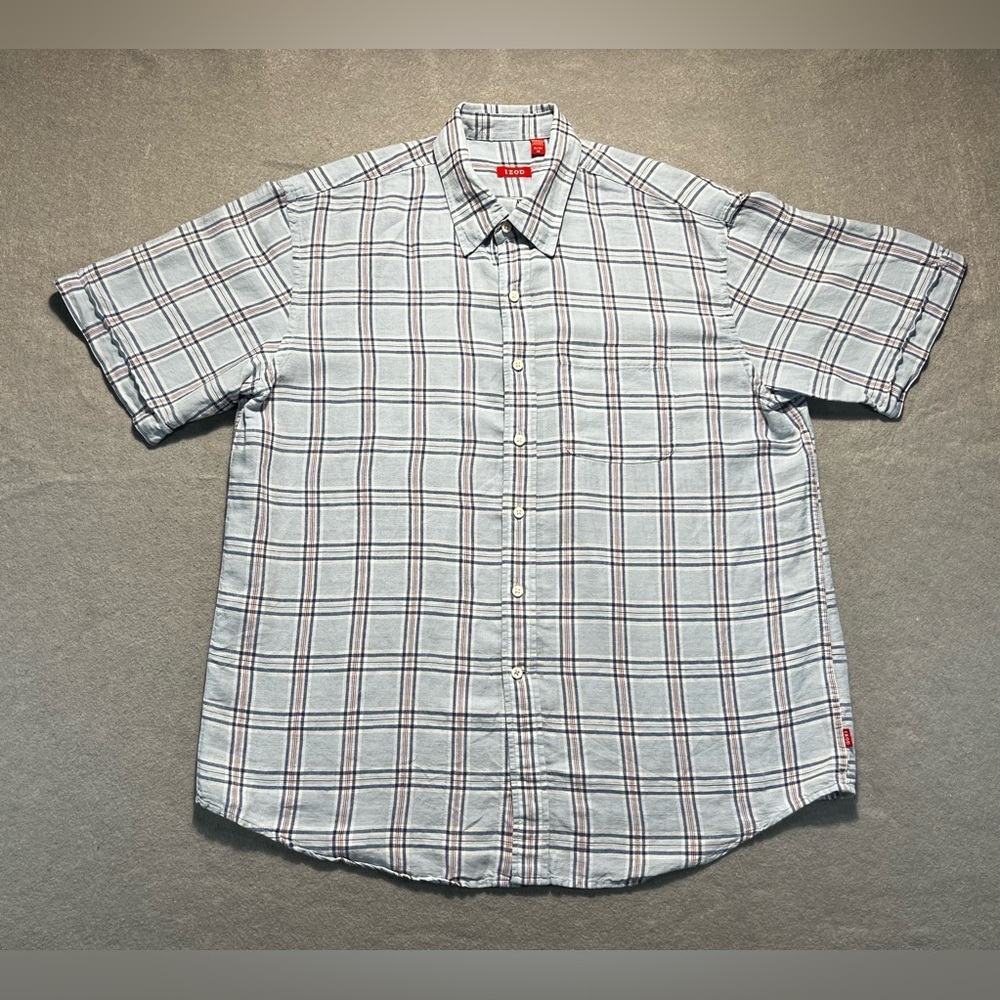 IZOD Men’s XL Light Blue Plaid Short Sleeve Button Up Cotton Shirt